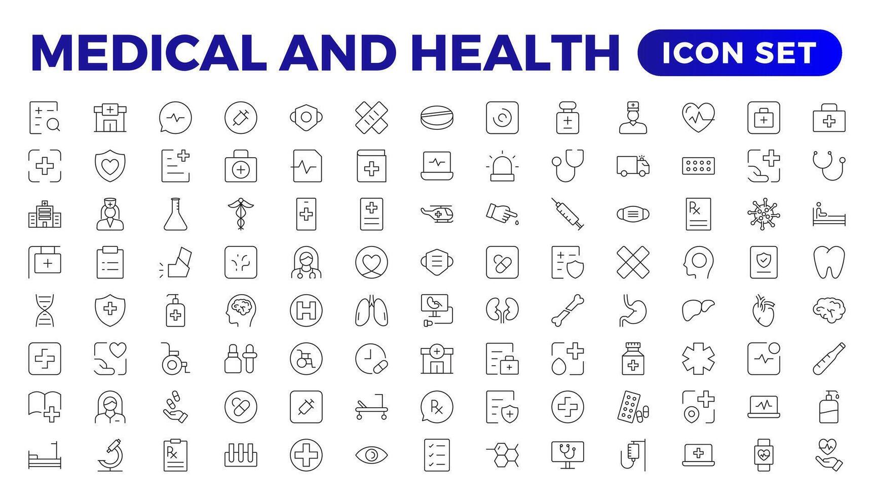 saúde e médico linear ícones tal Como bisturi, salina, optometrista, otoscópio, correção, e gravidez teste linha ícones.medecine plano ícones. coleção do saúde Cuidado médico sinais. esboço ícone definir. vetor