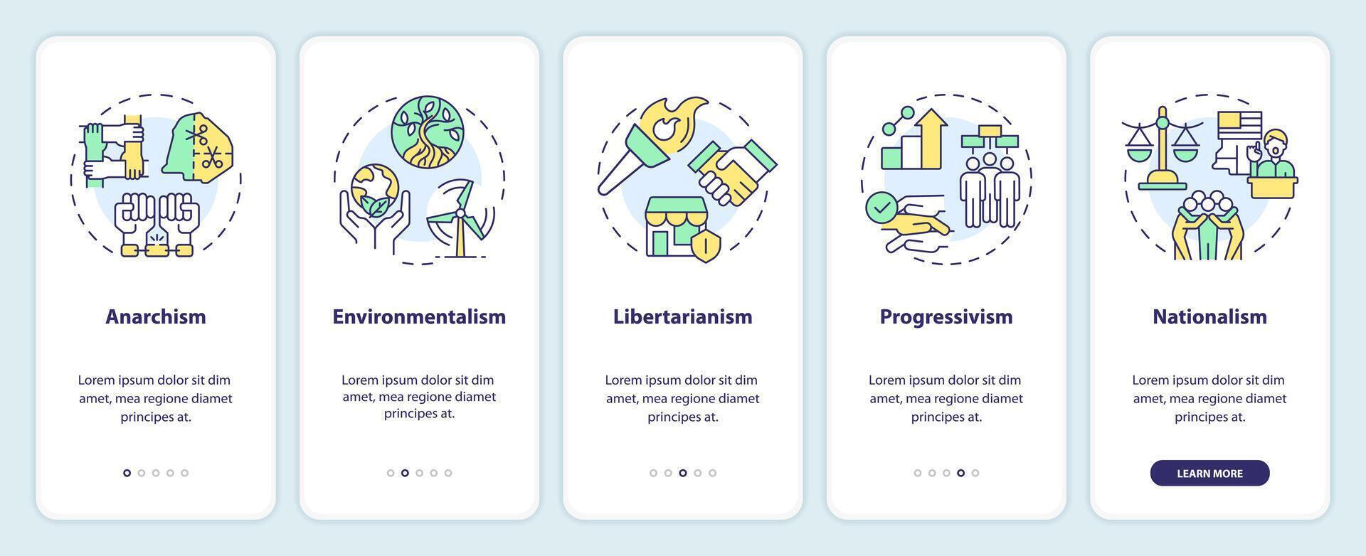 filosófico político ideologias onboarding Móvel aplicativo tela. passo a passo 5 passos editável gráfico instruções com linear conceitos. interface do usuário, ux, gui modelo vetor