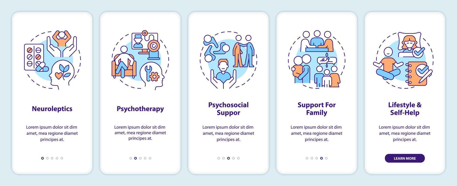 esquizofrenia tratamento onboarding Móvel aplicativo tela. mental apoiar. passo a passo 5 passos editável gráfico instruções com linear conceitos. interface do usuário, ux, gui modelo vetor