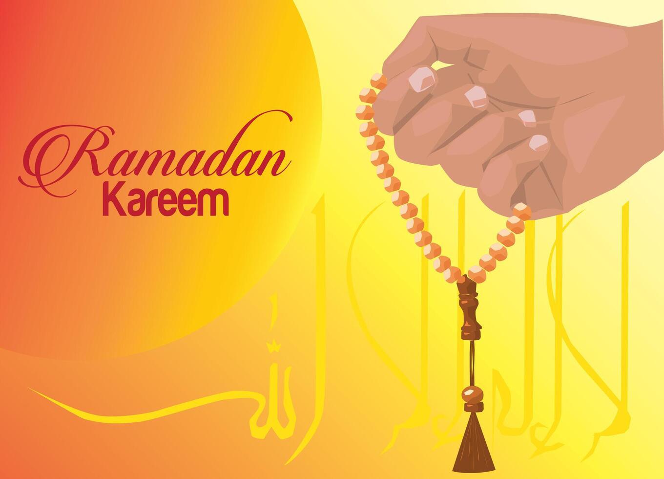 vetor mão muçulmano segurando ouro rosário tasbih dzikr Rezar dentro dia luz dhuha ou Zuhur Tempo Ramadã kareem tahlil Fonte árabe caligráfico gradiente nascer do sol laranja cor