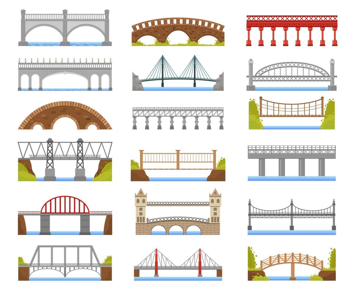 arquitetura ponte. urbano rio ponte prédio, arco, estaiado, viga e suspensão pontes isolado vetor ilustração conjunto