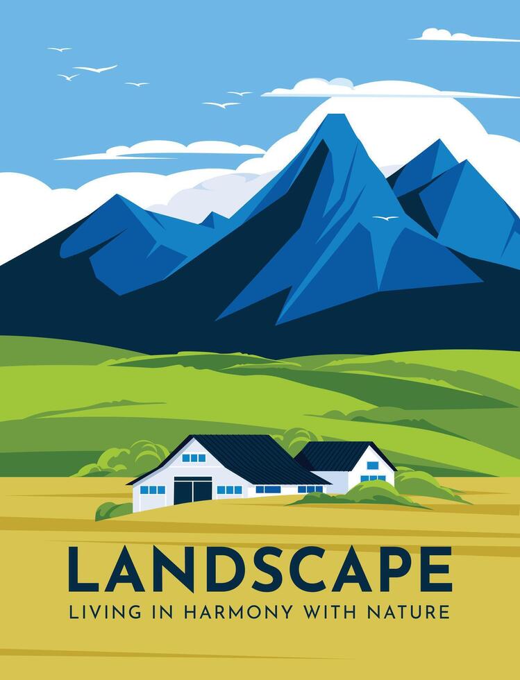 solitário casa de fazenda em a montanha vale campo panorama. agricultura e meio Ambiente poster. plano vetor ilustração