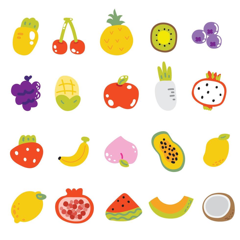 conjunto do fofa fruta e vegetal ícone desenho animado em branco background.hand desenhado coleção.farm.food.kawaii.vector.illustration. vetor