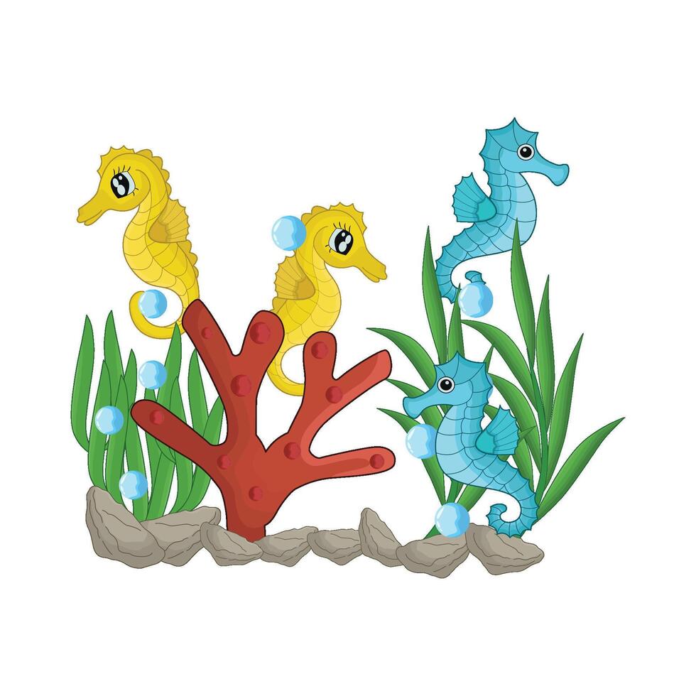 ilustração do cavalo marinho com coral vetor