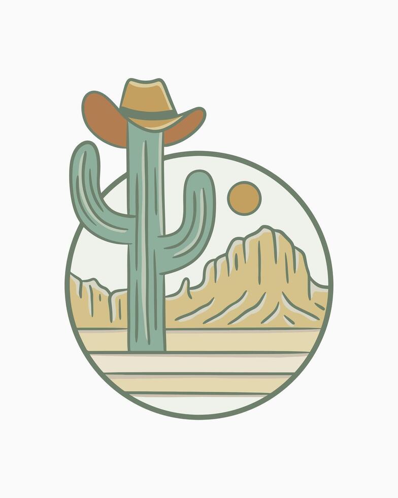 uma grande cacto com a cowboys chapéu em a topo dentro Arizona selvagem deserto vibrações Projeto para distintivo, emblema, t camisa, adesivo, etc. vetor