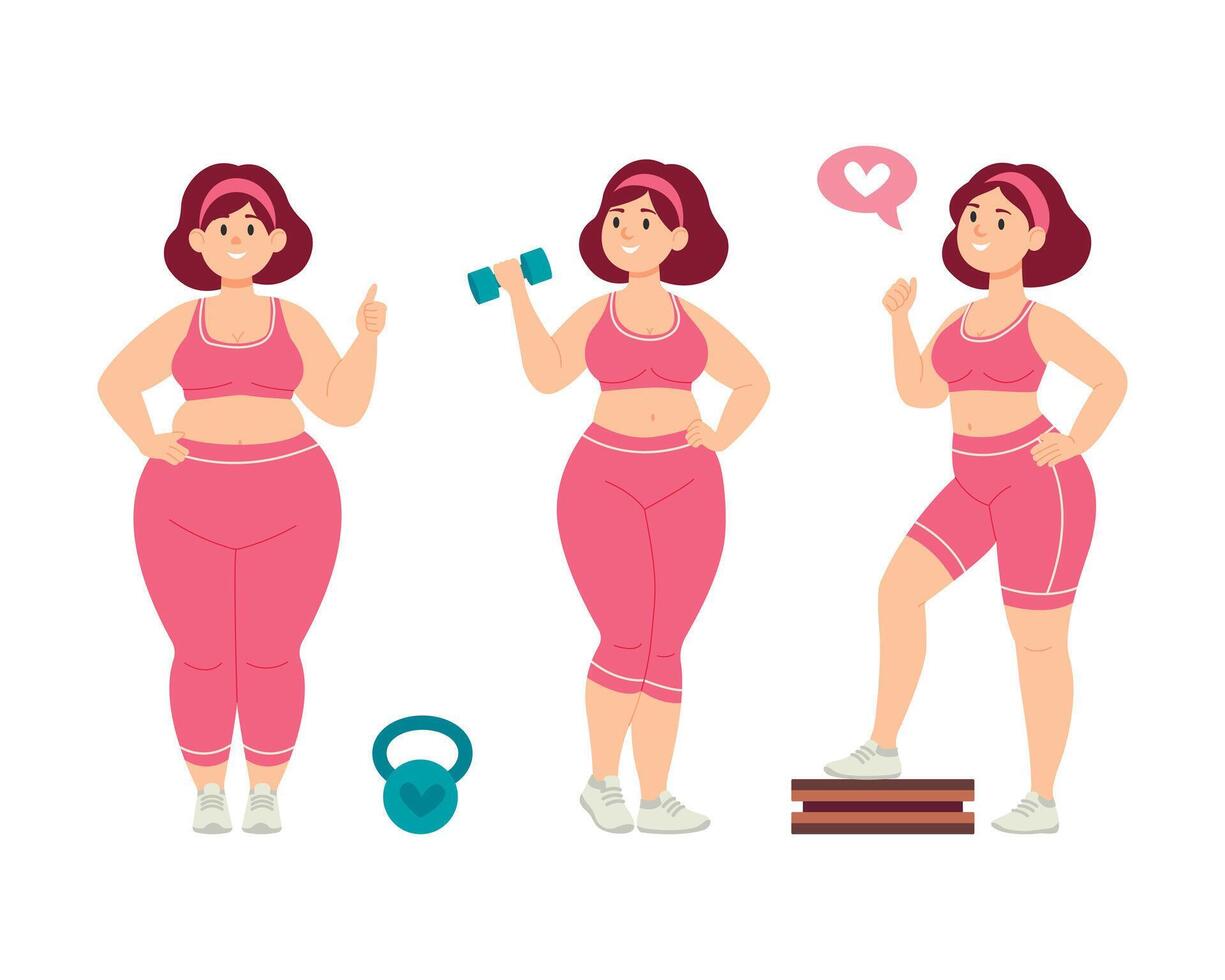 excesso de peso mulher mostra a resultados dentro perdendo peso depois de Atividades vetor