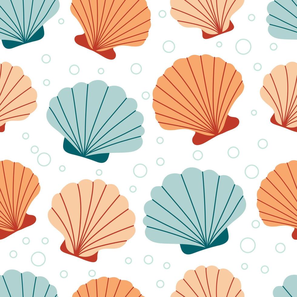 conchas do mar desatado padronizar. na moda fundo do conchas do mar para invólucro papel, rede, têxtil. marinho decoração. plano estilo vetor