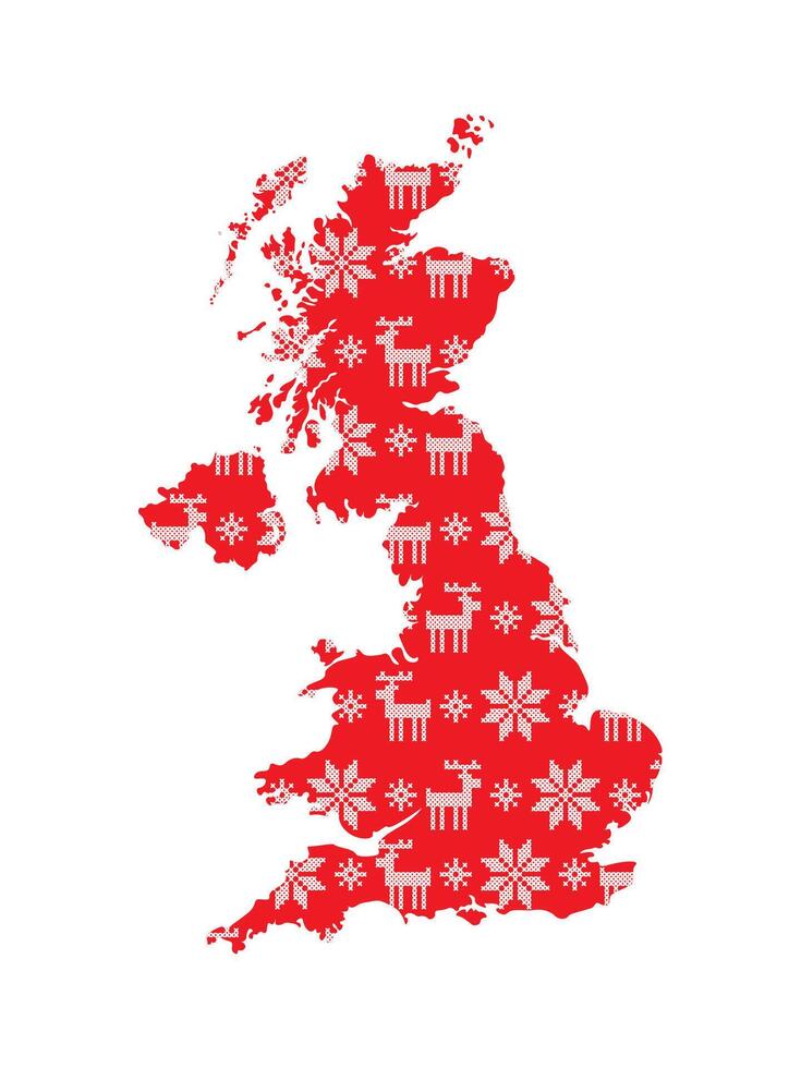 vetor isolado ilustração para Novo ano e Natal feriado. simplificado mapa. Unidos reino do ótimo Grã-Bretanha e a norte Irlanda. vermelho padronizar com branco Cruz costurado flocos de neve e veados.