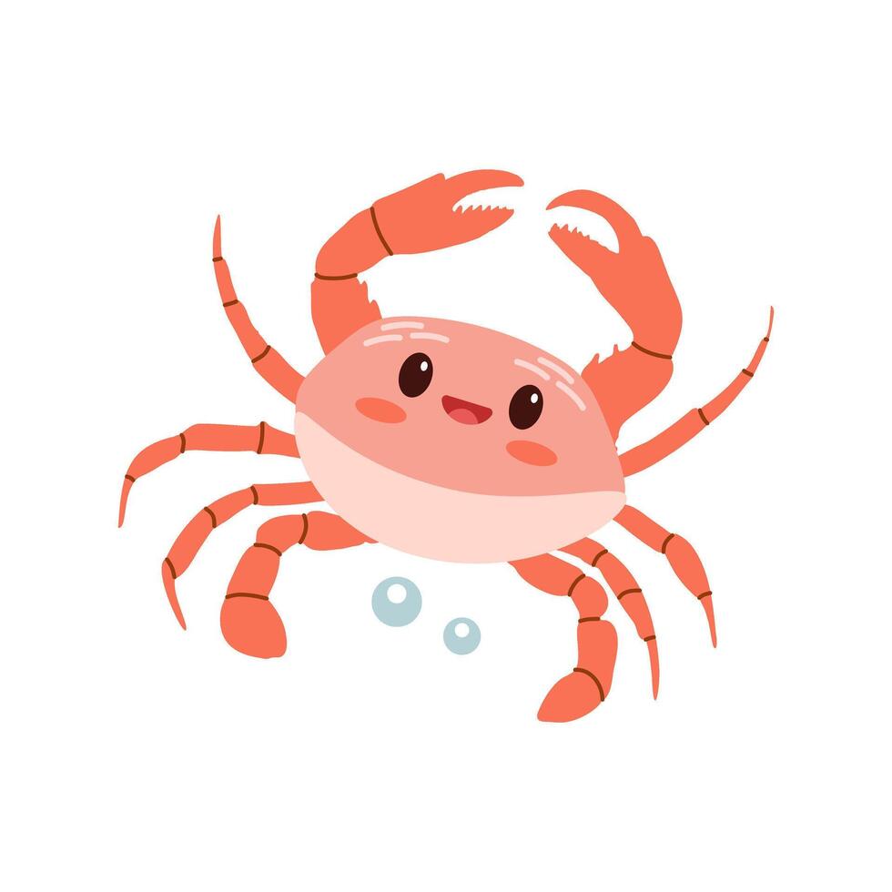 fofa desenhado à mão colori marinho caranguejo dentro plano estilo, oceano aquático embaixo da agua kawaii vetor. vetor desenho animado ilustração em branco fundo.