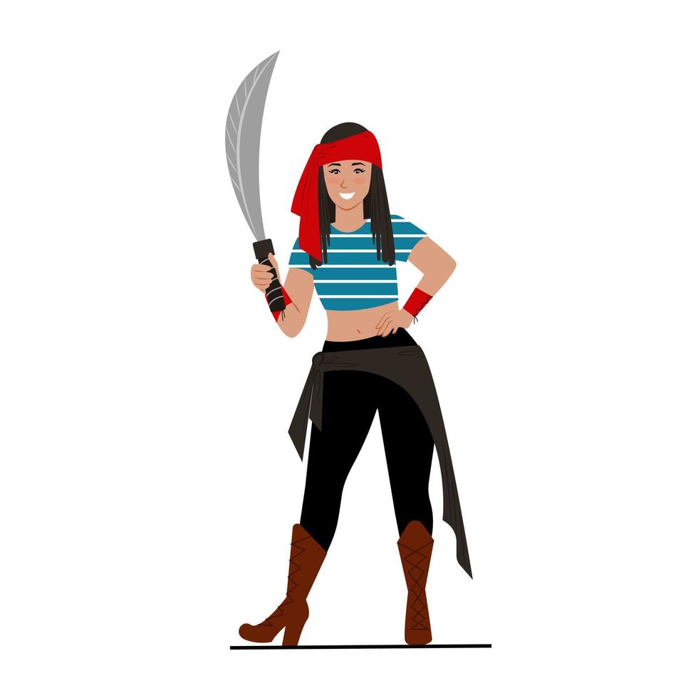 pirata armado. jovem e linda pirata com um sabre na mão. personagem de vetor