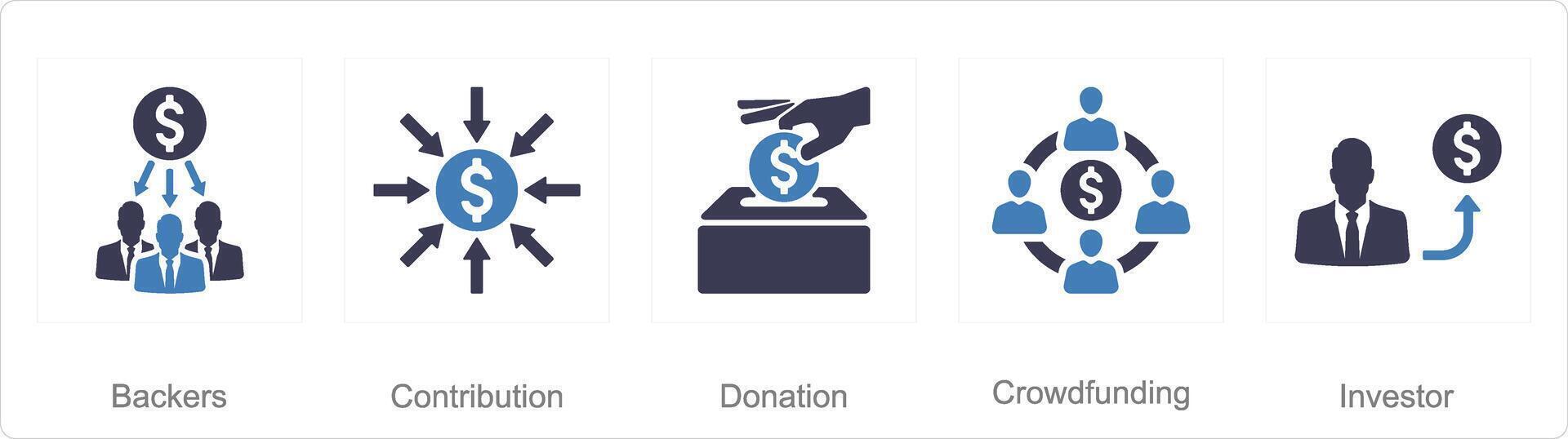 uma conjunto do 5 financiamento colaborativo ícones Como apoiadores, contribuição, doação vetor