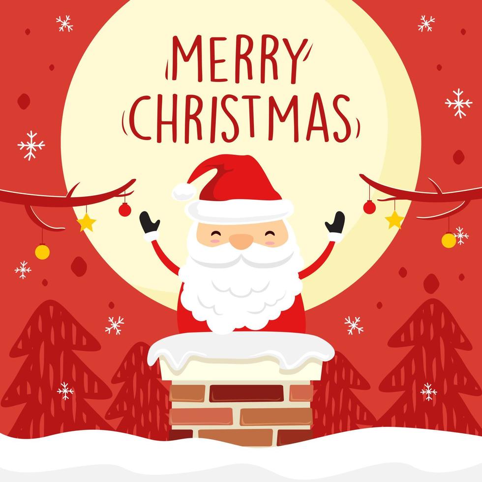 Desenho animado bonito da chaminé do papai noel - Feliz Natal - Vetor de cartões de lua cheia vermelha