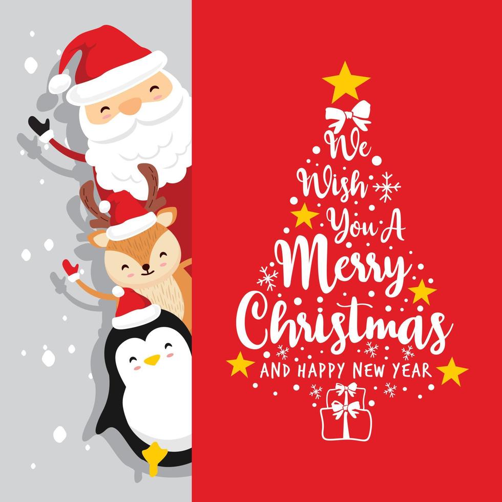 papai noel veado pinguim texto feliz natal e feliz ano novo cartão vermelho vetor