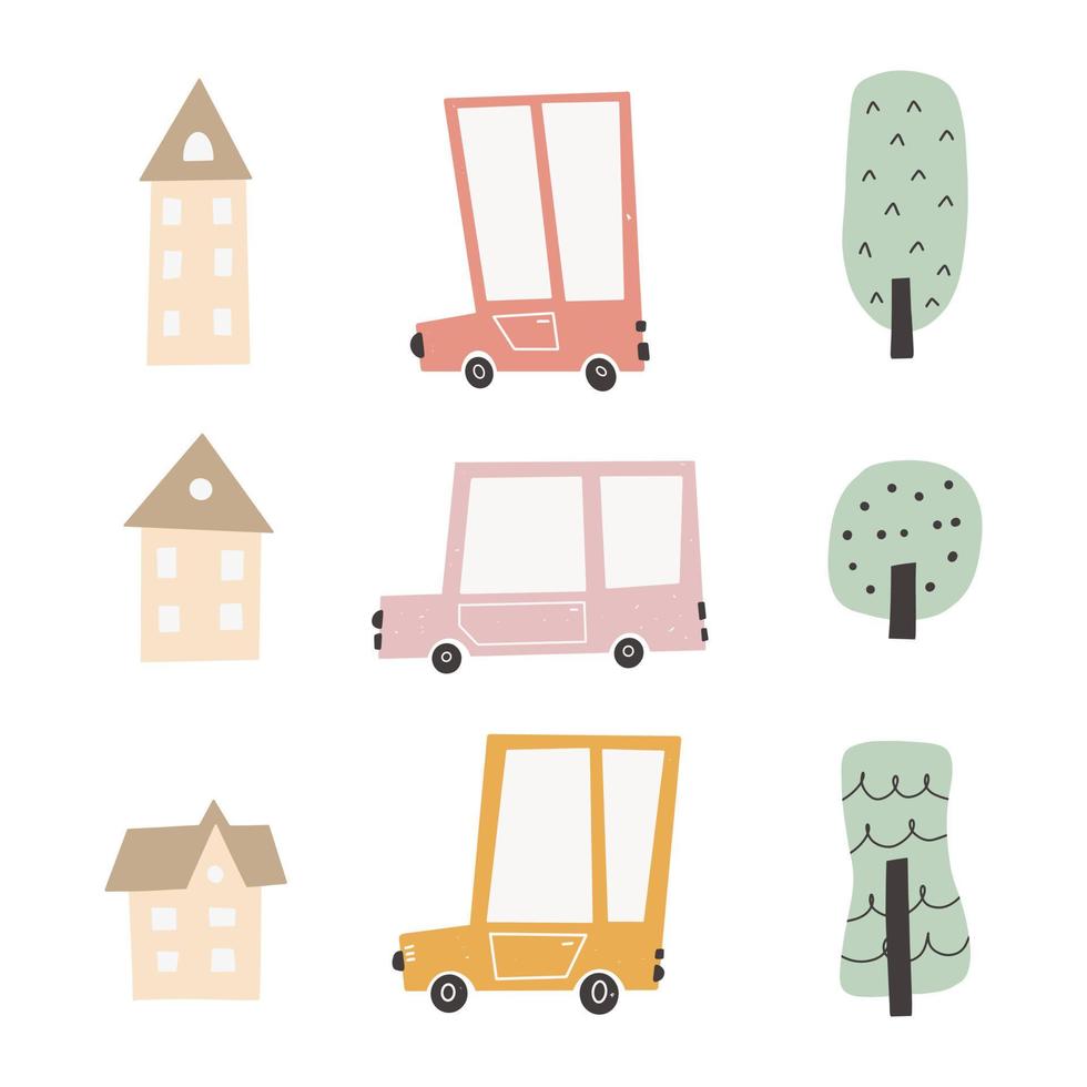 carros de cidade de criança com belas casas e árvores. transporte engraçado. ilustração em vetor desenho animado em estilo escandinavo simples infantil desenhado à mão para crianças.