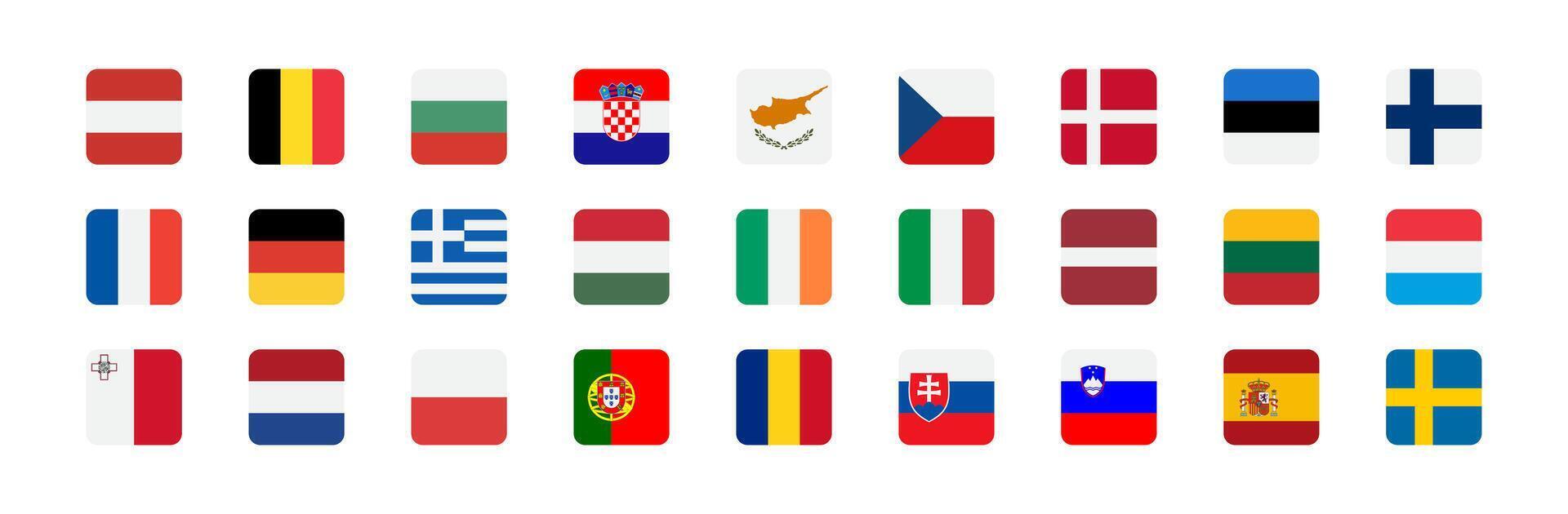 europeu União país bandeira. nação bandeira do UE. Áustria, Bélgica, Dinamarca, França, Itália, Espanha e outro. vetor