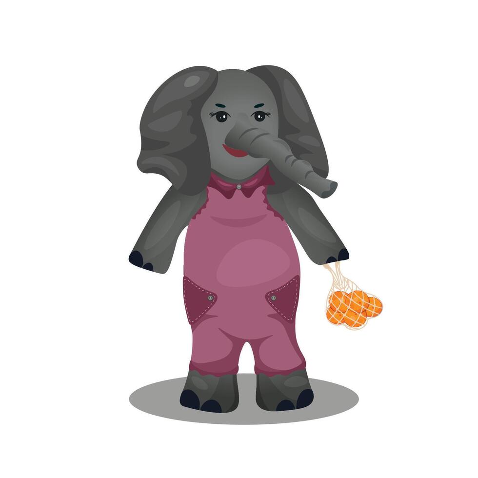a elefante vem a partir de a mercado com uma corda saco do laranjas. personagem Projeto. cidade animal vida. vetor ilustração dentro desenho animado estilo.