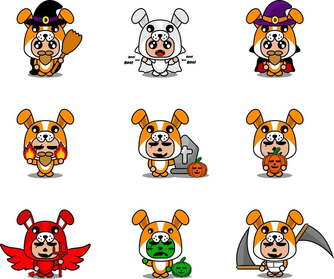 personagem de desenho animado de vetor cachorro fofo animal mascote conjunto de pacote de halloween