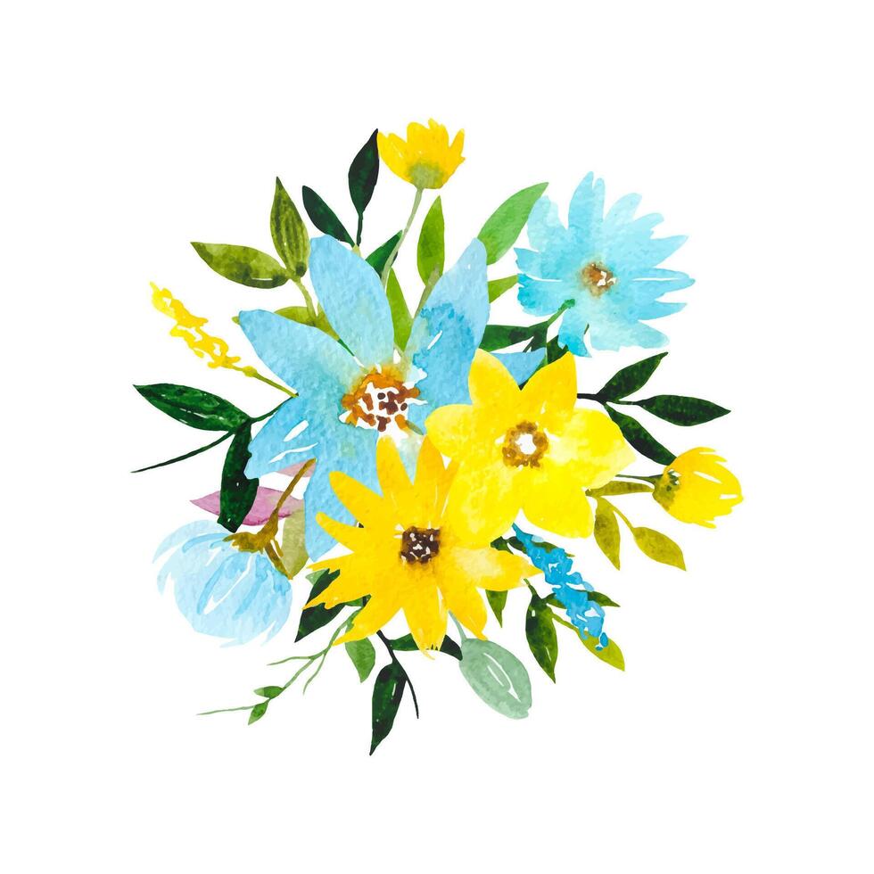 amarelo azul aguarela flor clipart floral arranjo com flores folhas vetor