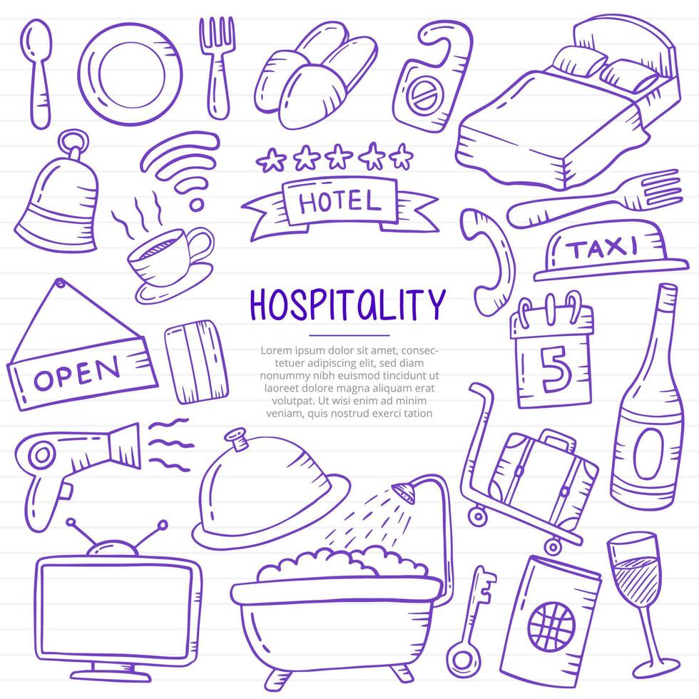 hospitalidade doodle desenhado à mão com estilo de contorno na linha de livros de papel vetor
