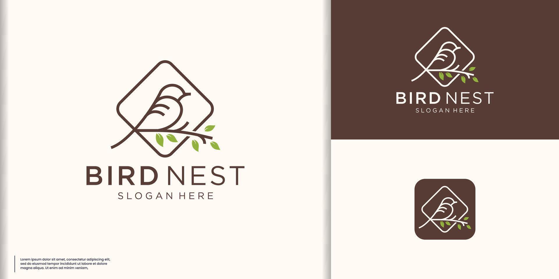 pássaro ninho logotipo projeto, torcido a partir de fino galhos linha com uma folha e pássaro quadro, Armação linha arte estilo vetor