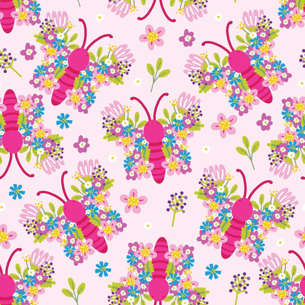 desatado padronizar do fofa borboletas flor asa em Rosa pastel fundo.primavera.natureza.floral.animal personagem desenho animado design.imagem para cartão, pôster, casamento.kawaii.vector.butterfly.illustration. vetor