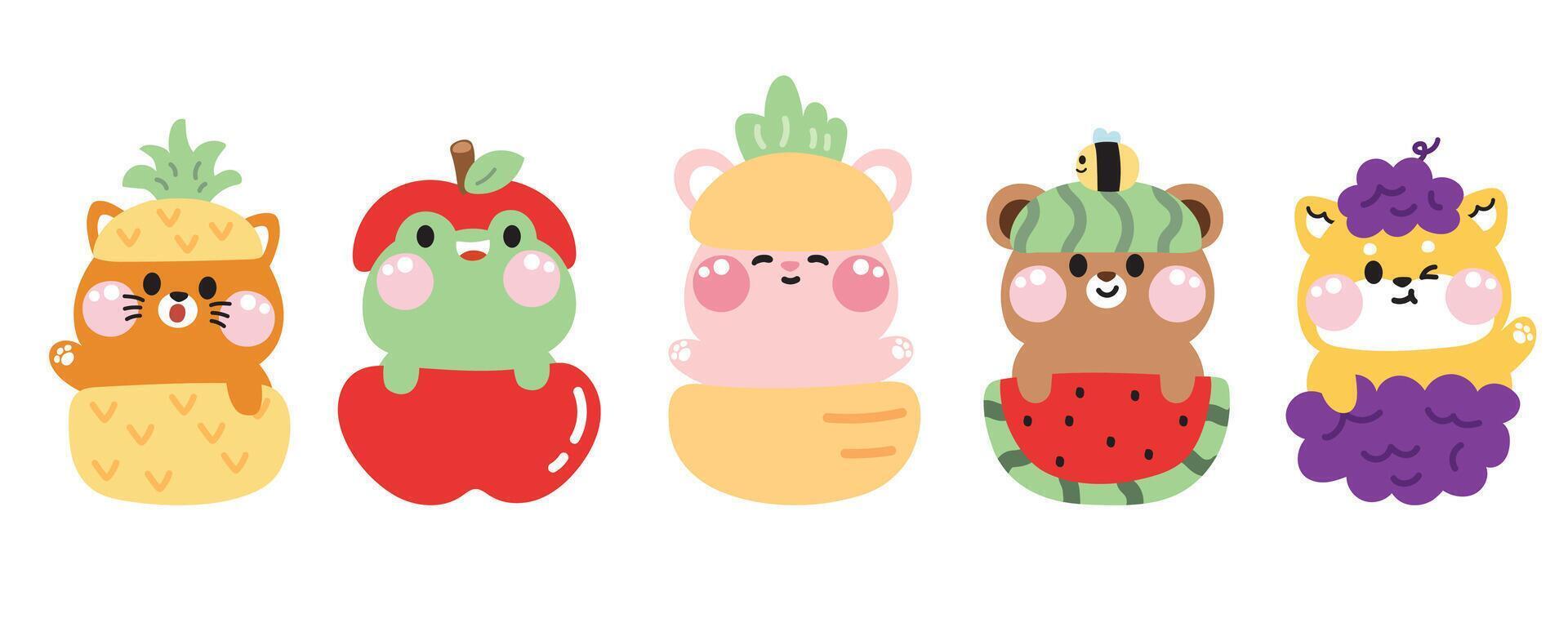 conjunto do fofa animais fique dentro frutas.animal personagem desenho animado Projeto coleção.gato,sapo,coelho,urso,shiba inu mão desenhado.verão.kawaii.vetor.ilustração. vetor