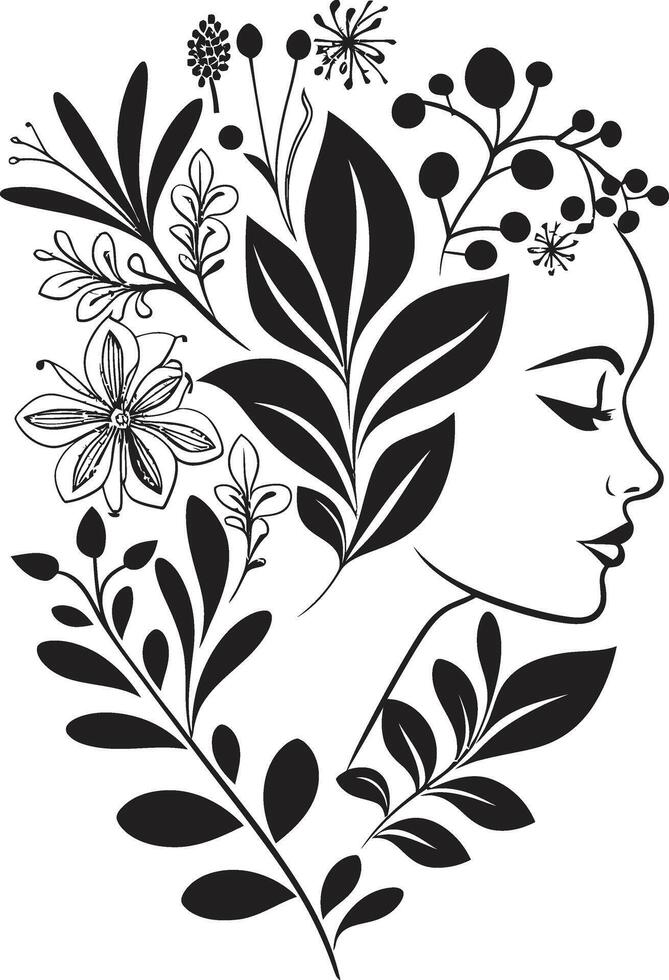 pétalas dentro noir lustroso Preto ícone exibindo vetor floral Projeto jardim serenidade chique vetor logotipo com Preto botânico florais