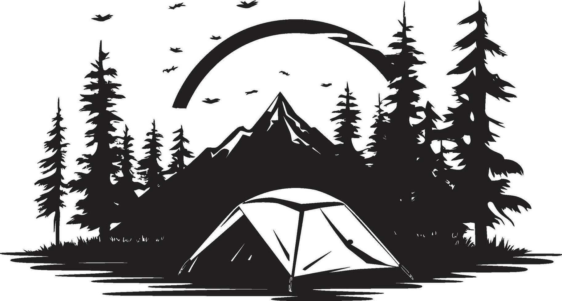 rústico retiro Preto vetor logotipo Projeto ícone para acampamento entusiastas período noturno oásis lustroso Preto ícone com acampamento vetor logotipo Projeto