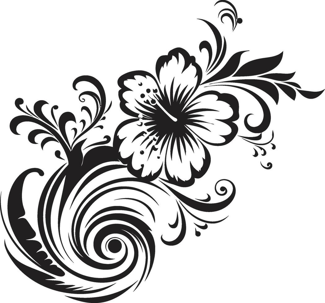 Flor beleza monocromático emblema destacando decorativo cantos opulento orquídeas lustroso Preto ícone com decorativo floral Projeto vetor