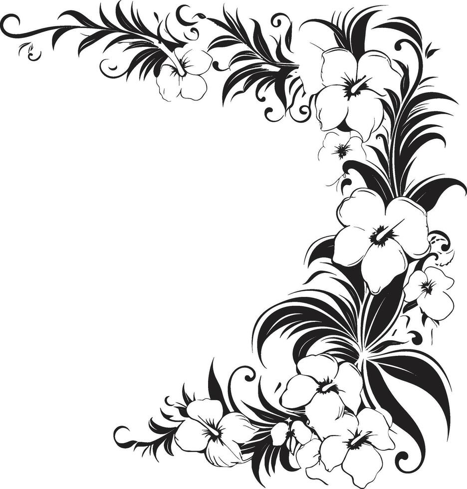 caprichoso floresce monocromático ícone apresentando decorativo cantos gracioso festão lustroso Preto logotipo com decorativo cantos vetor