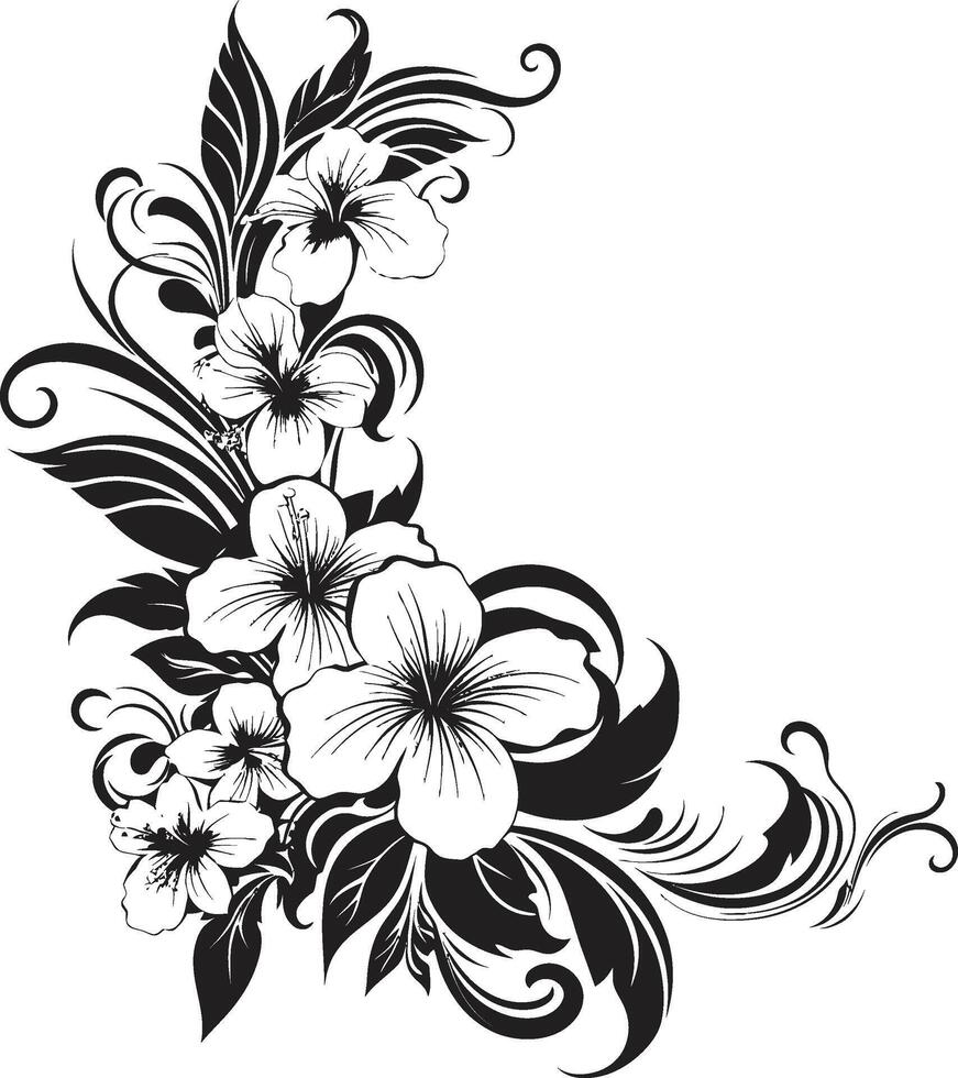 naturezas néctar monocromático ícone com decorativo cantos dentro Preto pétalas dentro brio lustroso Preto logotipo com decorativo cantos vetor