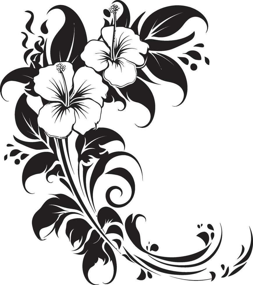 Flor beleza monocromático emblema destacando decorativo cantos opulento orquídeas lustroso Preto ícone com decorativo floral Projeto vetor