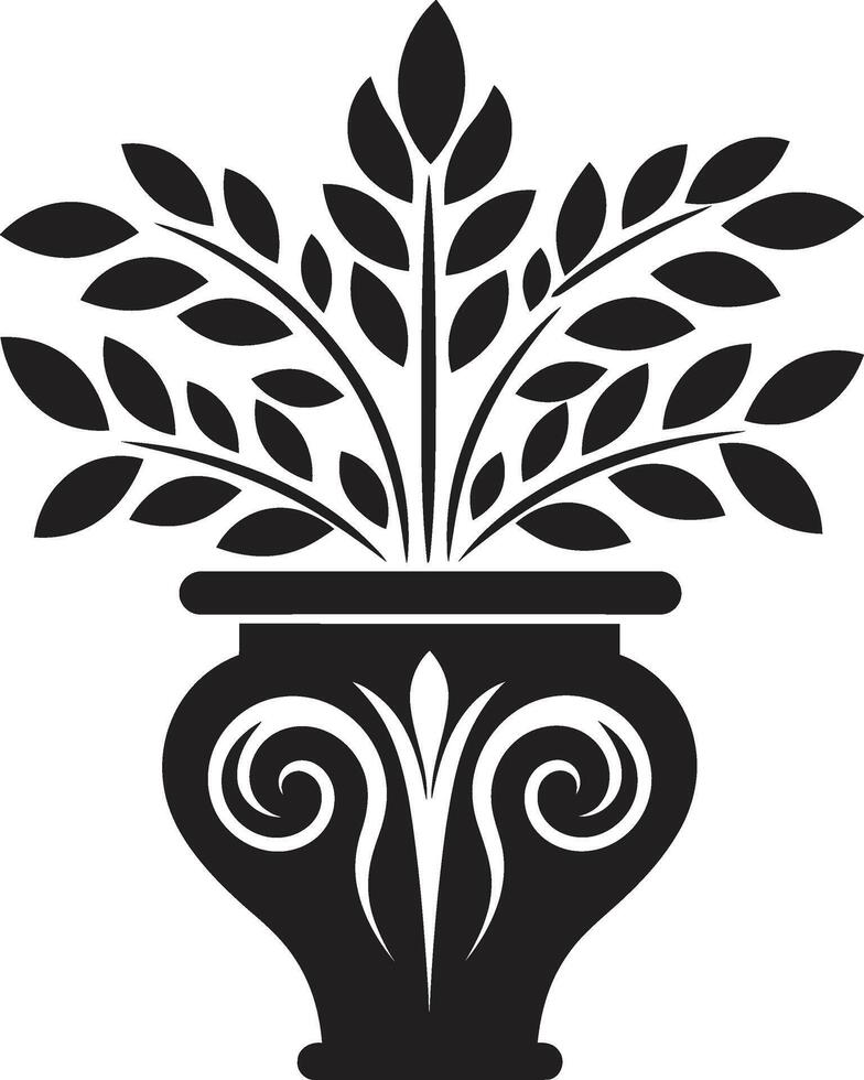 orgânico opulência lustroso Preto logotipo com monocromático plantar Panela eterno elegância vintage europeu fronteira logotipo dentro lustroso Preto vetor