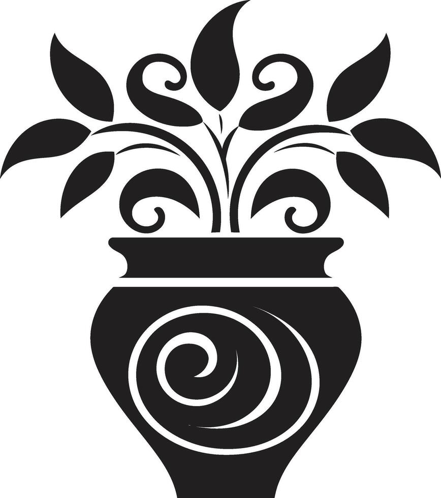 pétala panorama lustroso Preto logotipo com à moda plantar Panela botânico beleza monocromático emblema destacando decorativo plantar Panela vetor