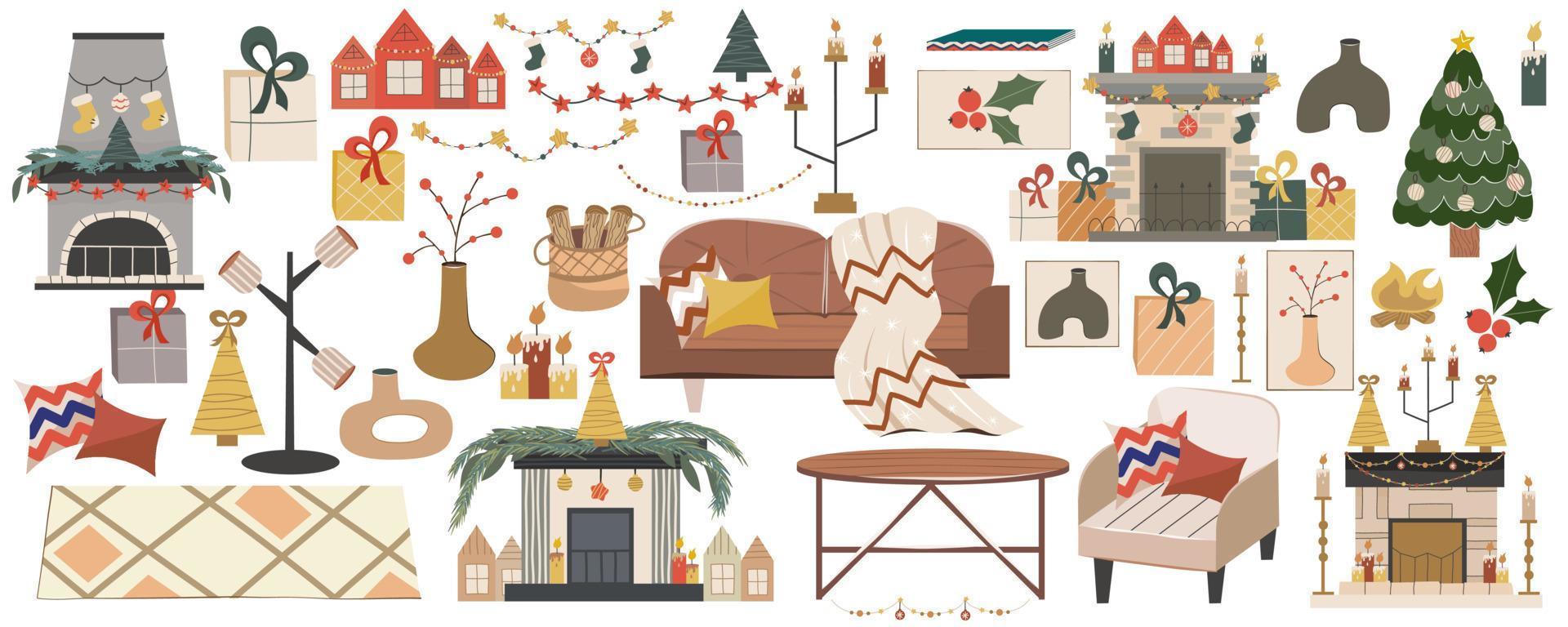 Natal conjunto clipart para aconchegante sala de estar em estilo escandinavo. árvore de Natal, lareiras, sofá, poltrona, velas fofas e guirlandas para decoração festiva. ilustração vetorial em estilo de mão plana vetor