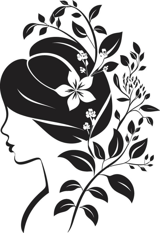botânico beleza Preto logotipo Projeto infundido com floral mulher face sussurrando floresce feminino charme dentro uma Preto floral face ícone vetor