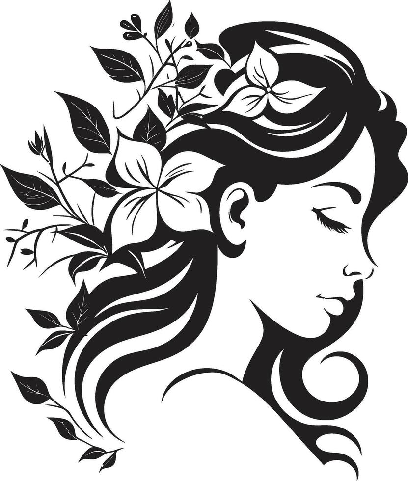 pétalas do equilíbrio vetor símbolo do uma Preto floral mulher face feminino flora Preto logotipo Projeto apresentando uma mulher face com florais