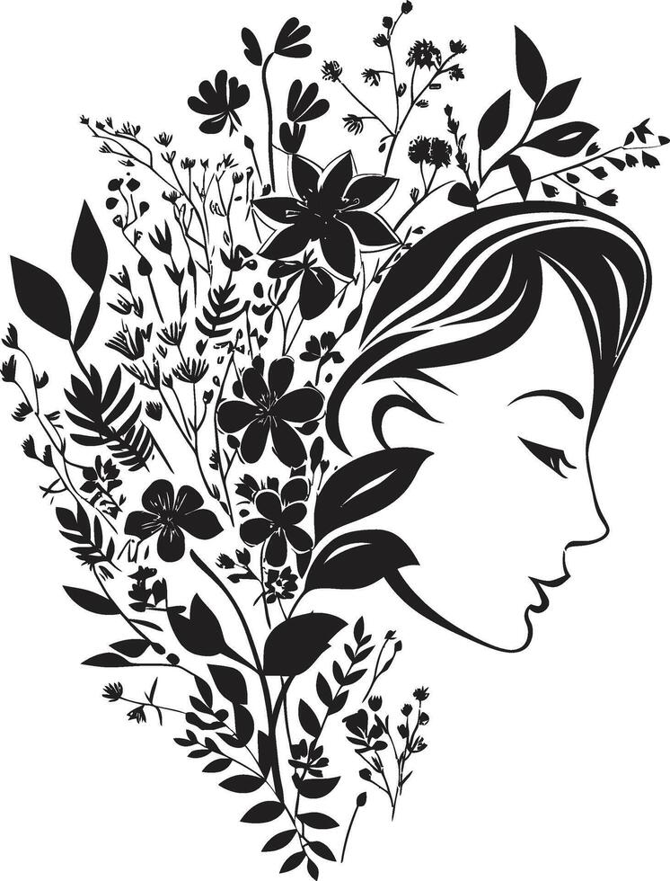 gracioso gardênia vetor Preto logotipo com uma floral mulher face ícone pétalas do equilíbrio Preto logotipo Projeto apresentando uma mulher face dentro florais