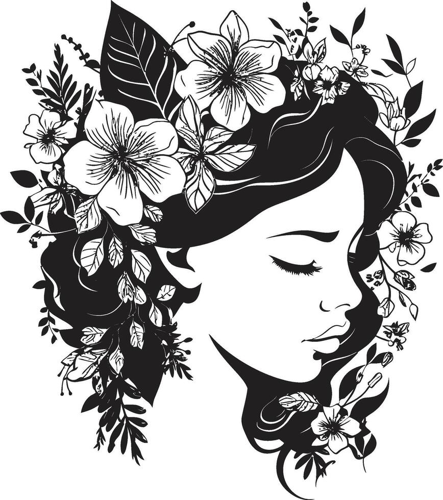 floral serenidade uma vetor Preto logotipo abraçando feminilidade eterno flor feminino essência dentro Preto floral mulher face Projeto