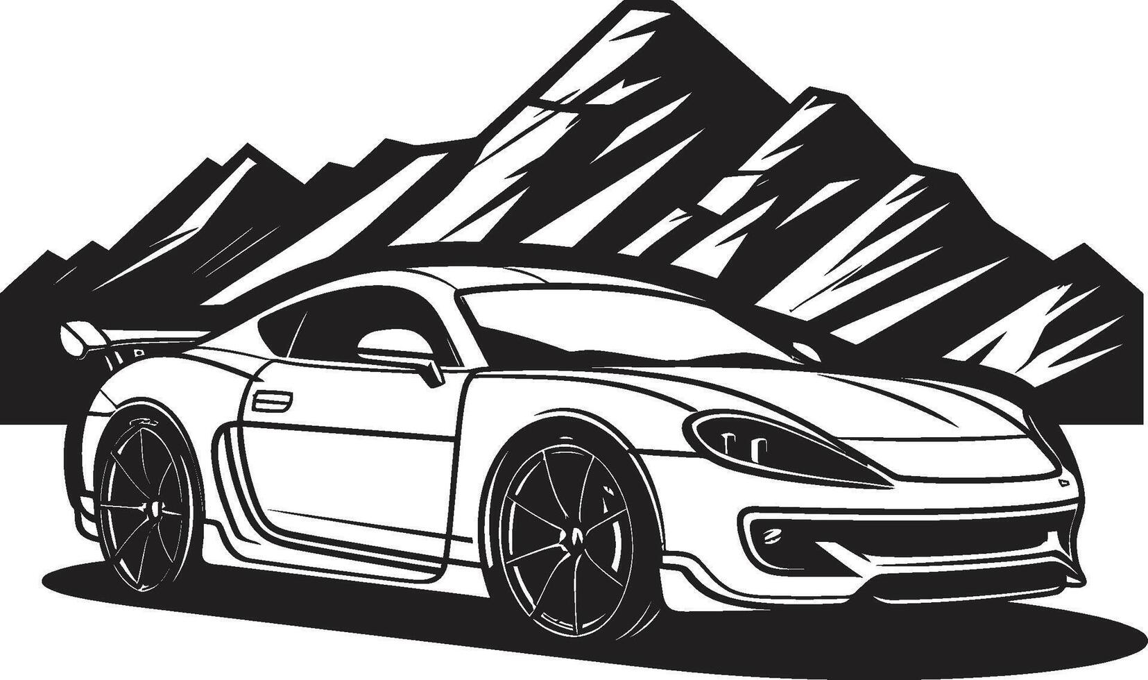 alpino subida lustroso Preto logotipo com icônico Esportes carro conquistando montanhas cume pressa dinâmico Preto ícone do uma Esportes carro combatendo montanha estradas vetor