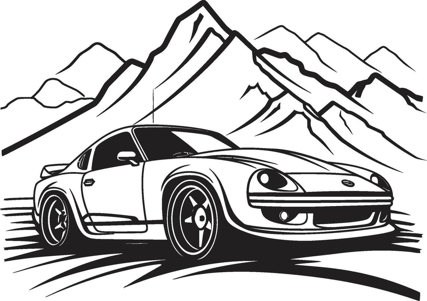 terras altas encontrão lustroso vetor ícone exibindo uma Esportes carro em Preto logotipo elevado velocidade dinâmico Preto logotipo Projeto com uma montanhoso Esportes carro ícone