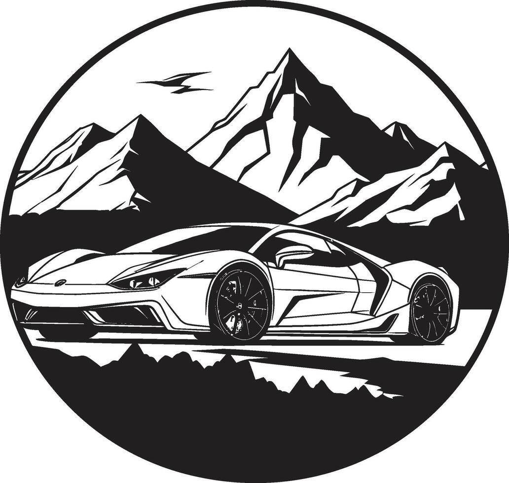 épico elevação Preto logotipo Projeto apresentando uma Esportes carro em cênico alpino montanha cume corredor de carros lustroso Esportes carro em a montanha estradas Preto logotipo Projeto vetor