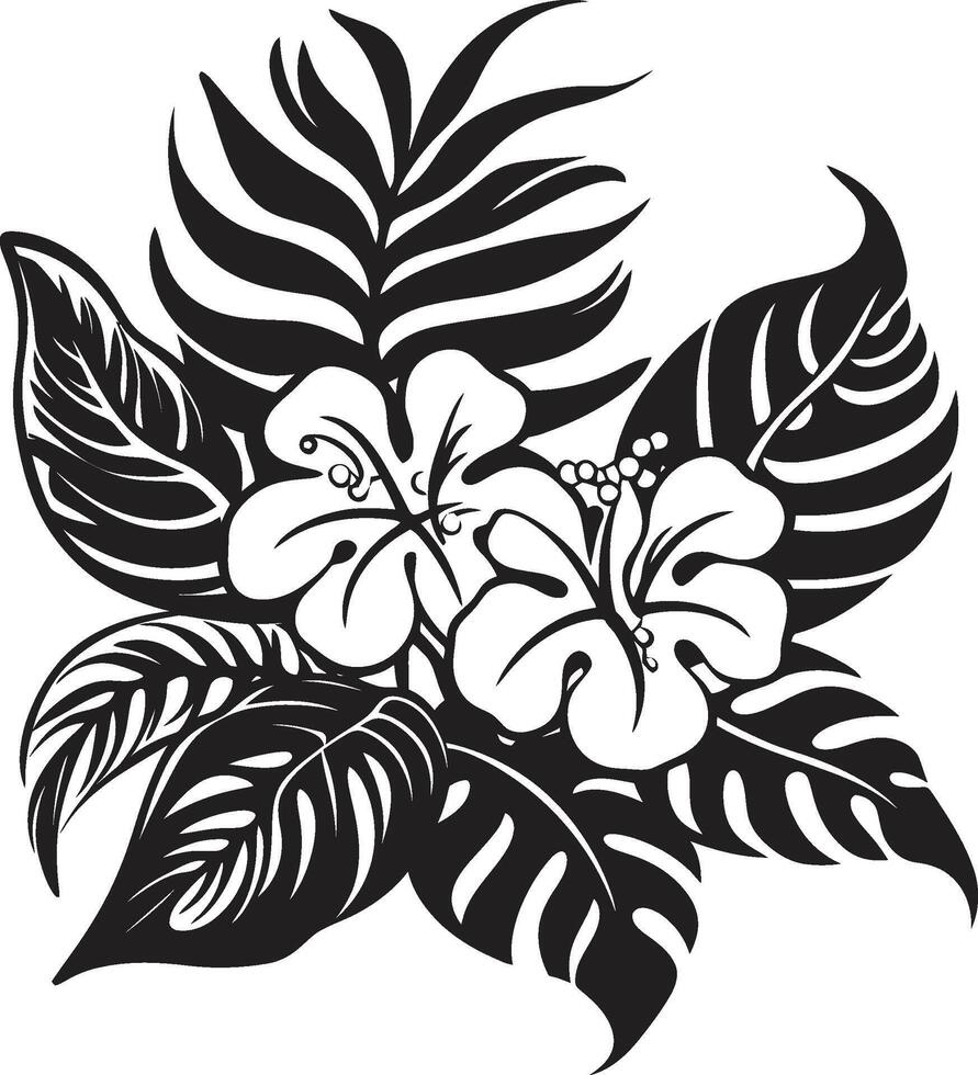 ilha oásis dinâmico logotipo Projeto com exótico plantar elementos dentro Preto floral fusão lustroso vetor ícone com Preto Projeto do tropical floresce