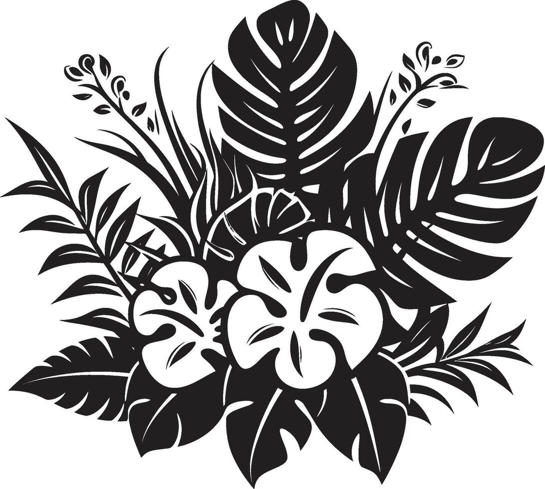 botânico felicidade lustroso Preto ícone Projeto com tropical plantar folhas e flores selva harmonia vetor Preto logotipo apresentando exótico plantar folhas e flores