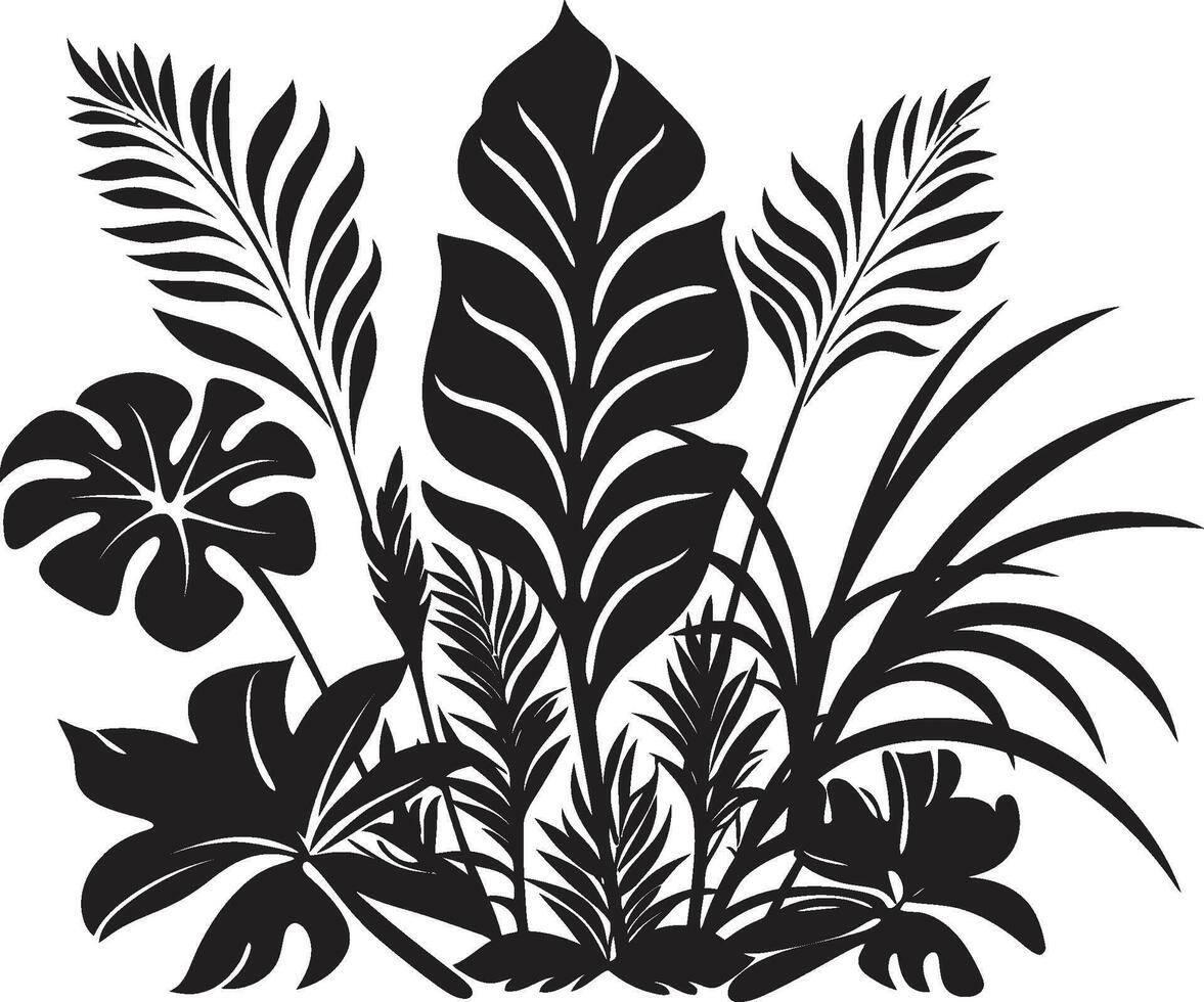 botânico felicidade lustroso Preto ícone Projeto com tropical plantar folhas e flores selva harmonia vetor Preto logotipo apresentando exótico plantar folhas e flores