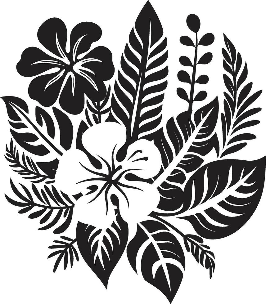 trópico elegância icônico símbolo dentro Preto apresentando plantar folhas e flor vetores ilha flor lustroso vetor ícone simbolizando tropical plantar folhas e flores dentro Preto