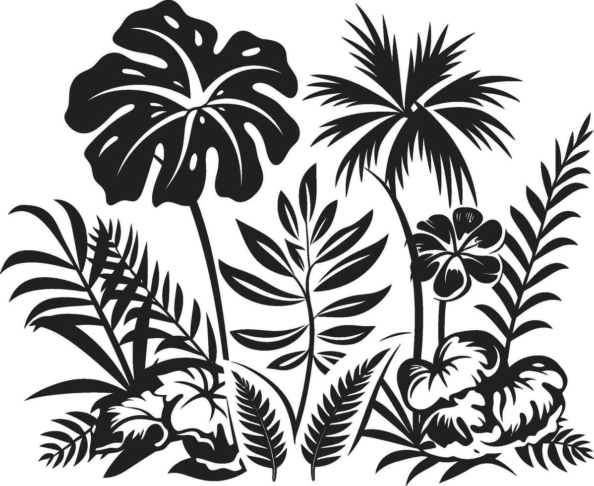 exótico folhagem vetor Preto logotipo Projeto com tropical plantar folhas e flores trópico elegância icônico símbolo dentro Preto apresentando plantar folhas e flor vetores