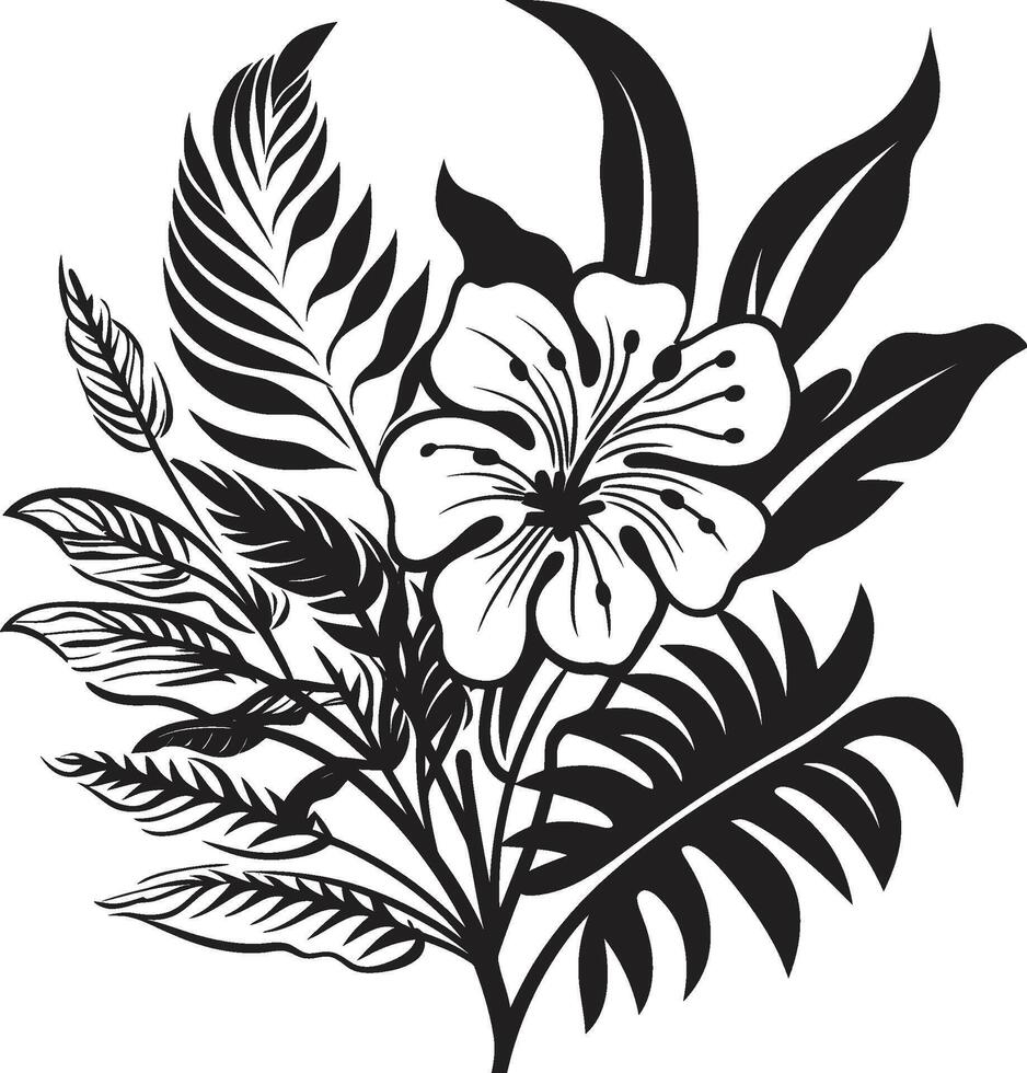 trópico elegância icônico símbolo dentro Preto apresentando plantar folhas e flor vetores ilha flor lustroso vetor ícone simbolizando tropical plantar folhas e flores dentro Preto