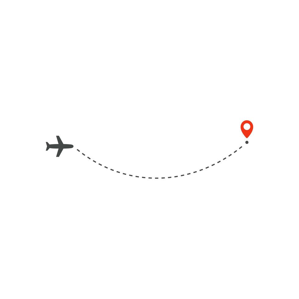 ícone de forma plana, direção de linha de caminho de arco de avião e ponto vermelho de destino, modelo de design de logotipo, modelo de ilustração vetorial de viagem de férias em fundo branco. vetor