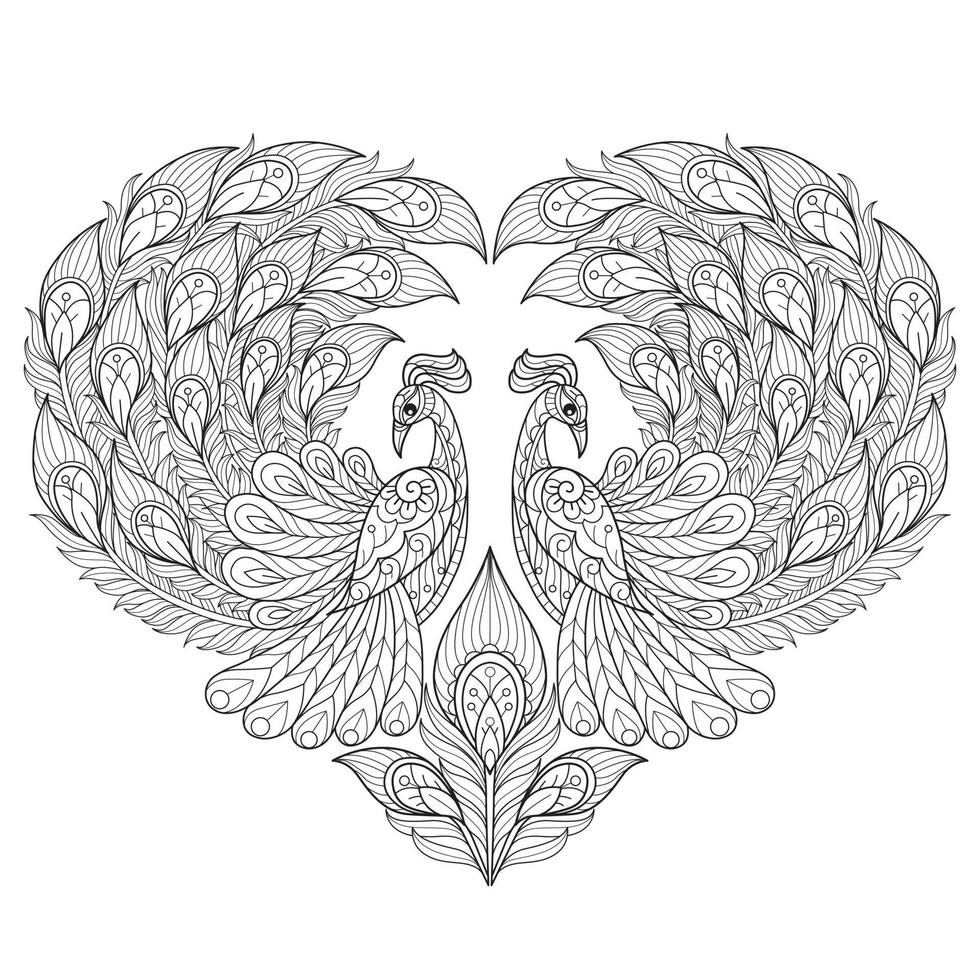Coração de pavão desenhado à mão para livro de colorir adulto vetor